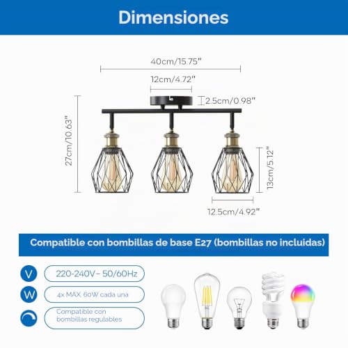 ANWIO Ceiling Lamp with 3 Bulbs, E27 Rotating Interior LED Spotlights, Black Ceiling Lights, Wall Spotlight for Indoor Lighting for Bedroom, Hallway Kitchen (No Bulb)