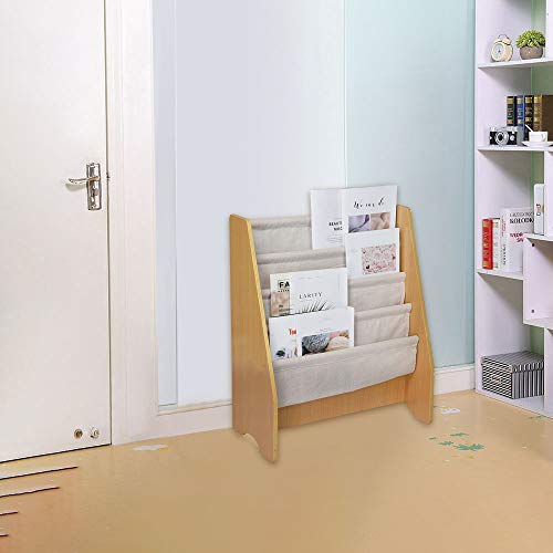 Children Bookshelf, Book Rack Storage Wooden 4 Layer Fabric Sling Bookshelf Toy Display for Kids (Yellow)