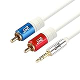SHD 3.5mm Aux to 2RCA Y Splitter Stereo Audio Cable Male Type OFC Conductor High Flexible PVC Jacket Dual Shielding Gold Plated High End Metal Shell-White 6Feet/2m
