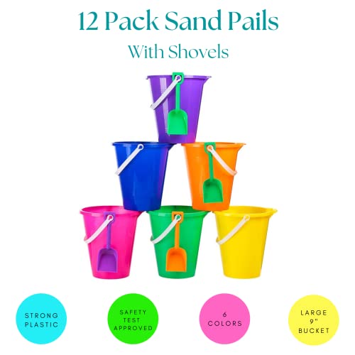 9" Large Sand Bucket with Shovel [12 Pack Bulk] Beach Buckets Beach Toys for Kids & Toddlers