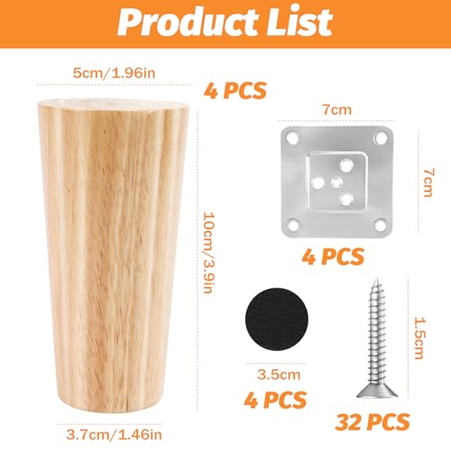Aixxikum 4 Pieces Solid Wood Furniture Legs, 12 cm Replacement Legs for Sofa, for Mounting Plates and Screws for Sofa Bed, Shelf, TV, Wardrobe, Chair, Armchair
