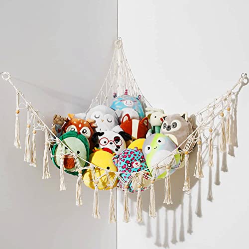 Stuffed Animal Hammock Macrame Boho Plush Toy Net Hammock for Stuffed Animals with Light Pet Net for Stuffed Animals Corner Hanging Stuffed Animal Storage Holder Teddy Bear Net Kids Room (White-1)