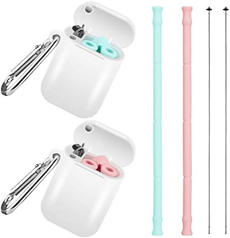 Reusable Straws,Silicone Straws,Food-Grade Collapsible Portable Drinking Straws with Case and Cleaning Brush for Cold Beverage, Coffee and Smoothie etc.2 pack Green&Pink.