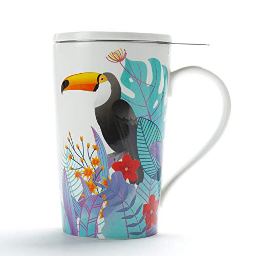 TEANAGOO M58-10 Tea Cup with Filter and Lid, 18 OZ, Toucan, Dom Dad Women Travel Teaware with Infuser, Mug Steeper Maker, Brewing Strainer Loose Leaf, Diffuser set for Lover Gift teacup porcelain