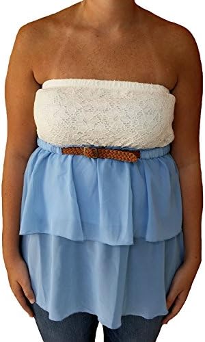 Almost Famous Junior's Strapless Tiered Belted Peasant Halter Top (X-Large, Chambray/White)