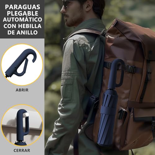 MXHIGO Paraguas Plegable Automático con Hebilla de Anillo, Paraguas de Bolsillo Reforzado, Sombrilla Grande Resistente al Viento, Con 20 Varillas Reflectantes y Protección UV, Para Hombres y Mujeres