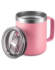 12oz Stainless Steel Insulated Coffee Mug with Handle, Double Wall Vacuum Travel Mug, Tumbler Cup with Sliding Lid, Pink