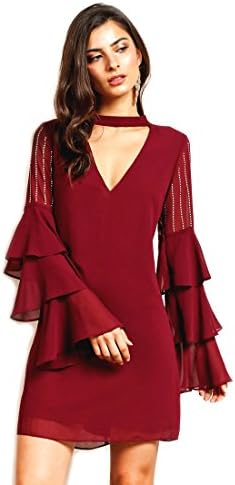 Crazy4Bling Soieblu, Burgundy Long Ruffled Sleeve Loose Fit Ruffled Choker Mini Dress, Large