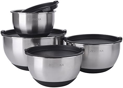ZESPROKA Stainless Steel Mixing Bowls with Lids, Measurement Lines &amp; Non-Slip Silicon Bottoms, Nesting Bowls for Space Saving, Set of 4