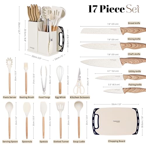 Cooking Utensils Set with Chopping Board – Knife Set with Block – Heat Resistant Silicone Utensils with Wooden Handle, Spoons, Ladles & Spatula – Kitchen Tools & Accessories – 17pcs, Cream – by Nuovva