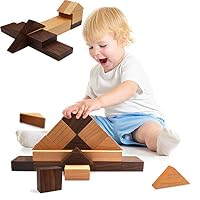 Seatrend Handmade Walnut Wood Building Blocks with Wooden Storage Crate in Preschool Building Toy Stacking Block Sets for Baby Toddlers Kids, Early Development Stimulating Creativity and Imagination