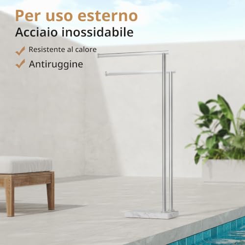 KES - Freestanding Wobble Free Standing Towel Rail with Weighted Natural Marble Base, 2 Tier Towel Rack for Bathroom Floor, Upgraded Constant Design, Steel