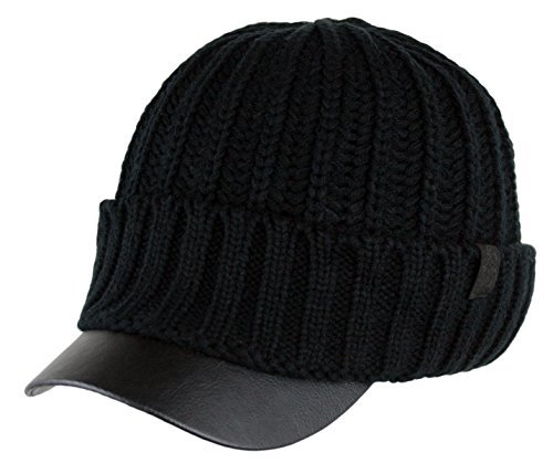 Men's Winter Visor Beanie Knitted Hat With Faux Leather Brim (BLACK)