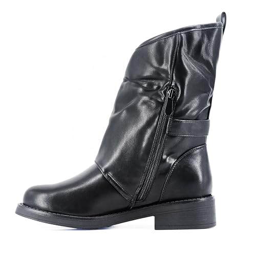 JOMIX Women's Biker Boots with Side Buckles – Faux Leather Ankle Boots with Zip, Casual and Chic