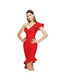 Vestido de vendaje de mujer FLYCOOL Bodycon Sexy Ruffle Un hombro Elegante vestido de vendaje de cóctel Formal