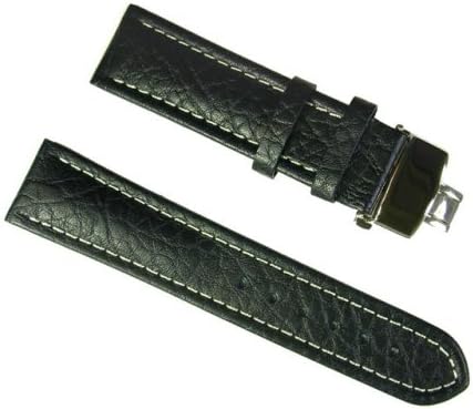 BANDA WYOMING BUFFALO LEATHER WATCHBAND WITH STAINLESS DOUBLE FOLDING BUTTERFLY CLASP DEPLOYANT BUCKLE DESIGN-REAL ITALIAN CALF LEATHER-20 mm BLACK COLOR