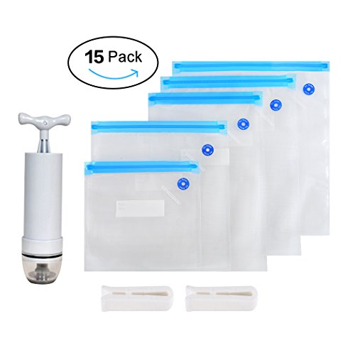 Sous Vide Bags Kit - SIEGES 15 BPA Free Food Vacuum Sealed Bags , 1 Hand Pump , 2 Bag Sealing Clips , Practical for Food Storage & Cooking