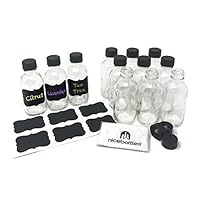 Glass Bottles, 2 Oz Clear Boston Round with PolyCone Cap & Chalkboard Labels - Pack of 12