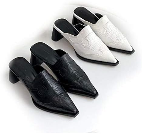 Amazon ウエスタン サンダル レディース ミュール 太めヒール チャンキーヒール 踵なし ブローファー サボ カジュアル 黒 ブラック 白 ホワイト ノーブランド品 ローファー スリッポン