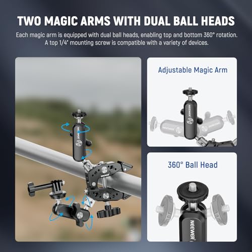 NEEWER Heavy Duty Super Clamp with Two 360° Dual Ball Head Magic Arms, 1/4" 3/8" Screw Threads, Phone & Action Camera Mount Adapter for Flat/Round Surface Compatible with GoPro DJI Insta360 DSLR