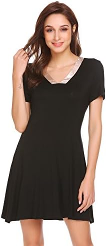Skylin Short Sleeve Nightgown Womens Sleepwear Shirt Dress Front Pocket Pajamas S-XXL
