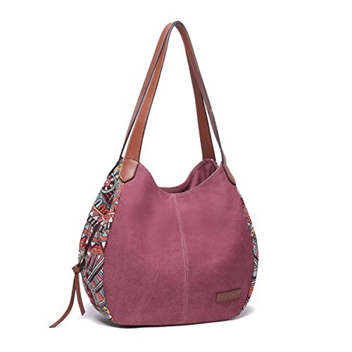 Shoulder Bag for Women, Brenice Bohemia Large Capacity Canvas Floral Handbag Totes Purses Red 12.99'' x 5.11'' x 12.20'' (LxWxH)
