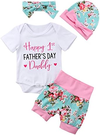 gllive Mothers Day 4Pcs Newborn Baby Girls Clothes Miracles Letter Romper Outfit Pants Set +Hat+Headband (0-6 Months, W-Happy Father's Day B)