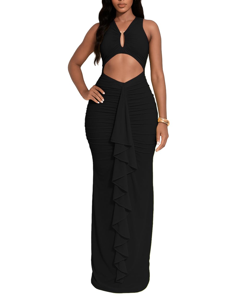 Photo 1 of HWP Women Ruffle Midi Dresses V Neck Bodycon Sleeveless Ruched Club Date Night Dress Cut Out Dresses Black XL