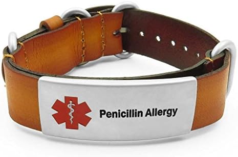 IDtagged Men's Tan Leather Penicillin Allergy Medical ID Bracelet Adjustable Length w/ Matte Stainless Steel Tag