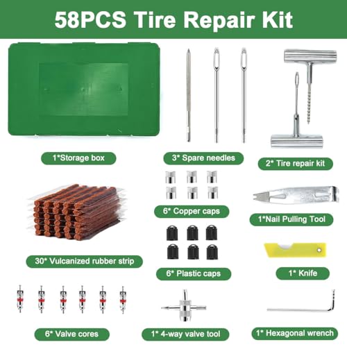Tire Repair Kit 58pcs, Universal Tyre Patch Repair Kit Quick Fix Puncture Plug Flat Patch Heavy Duty Tire Plug Tool Professional Tyre Repair Emergency Set for Bicycle Car Motorcycle Truck Tractor Jeep