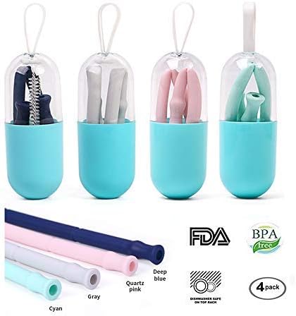 Reusable Straws 4 Pack Silicone Collapsible Smoothie Straws BPA Free Folding Drink Straw with Brush and Case for Home, Office, Travel and Party Gift Use