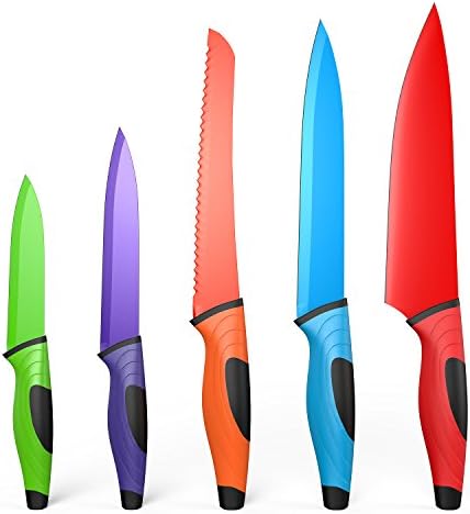 Knife Set, QcoQce 5 Kitchen Knives with 5 Knife Sheath Covers, Chef Knife Sets with Carving Serrated Utility Chef's and Paring Knives - Colored Knife Set FDA Approval (Kitchen Knife)