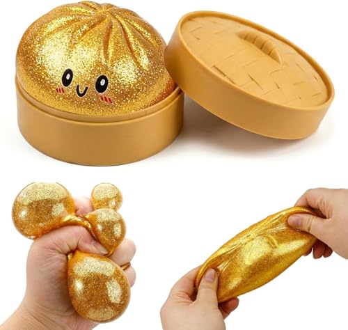 ORCHID M® Big Glitter Dumpling Squishy，Glitter Steamer Dumpling Stress Relief Ball - Sparkle Filled Sensory Squeeze Tool,Cute Adorable Soft Silicone Squeeze Toy (Golden)