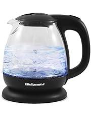 Elite Gourmet EKT1001 Electric BPA-Free Glass Kettle, Cordless 360° Base, Stylish Blue LED Interior, Handy Auto Shut-Off Function – Quickly Boil Water For Tea & More, Black, 1L