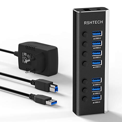 RSHTECH USB 3.0 Hub with 24W Power Supply USB Hub 7 Ports, for Charging and Data Transfer, Multiport USB Hub with Individual Switches and Power Supply