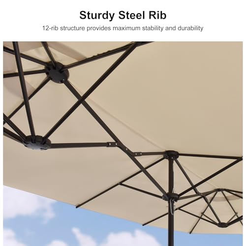 PURPLE LEAF 15ft Double-Sided Rectangle Patio Market Umbrella with Base, Crank Lift, 12 Black Heavy-Duty Ribs – Outdoor Sunshade for Pool, Beach, Deck, and Backyard Beige