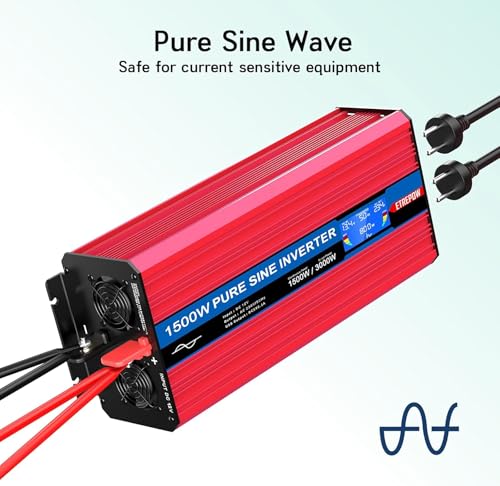 ETREPOW 1500W Inverter 12 V 220 V Pure Sine Wave Transformer with 2 EU and USB Sockets, Wireless Remote Control, LCD Display, Peak 3000 W