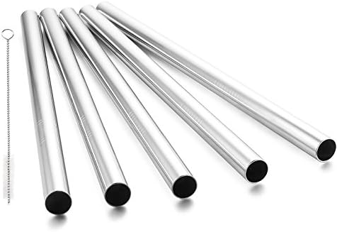 LANBOZITA 5-Piece Stainless Steel Straws,9 Inches 12mm Extra Wide Suitable for Bubble Tea,Set of 5 with 1 Cleaning Brush