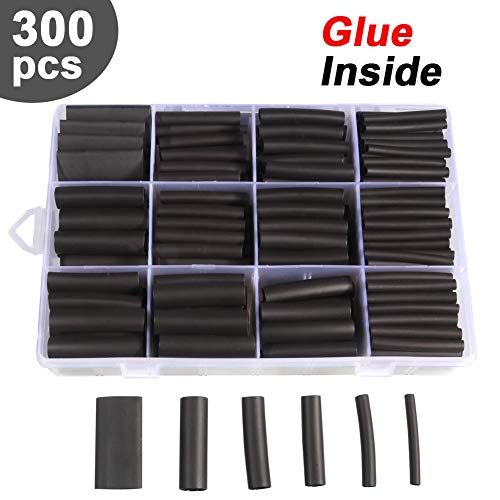 300pcs 3:1 Heat Shrink Tubing Kit, Dual Wall Adhesive Marine Heat Shrink Tube, Electrical Wire Cable Wrap Tubes Assortment with Storage Case for DIY by MILAPEAK (6 Sizes, Black)
