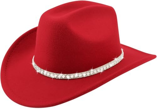 Red Felt Western Cowboy Hat with Silver Fringe Band Red Cowboy Hat Cowgirl Hat With Rhinestone Fringe for Women  main image 4