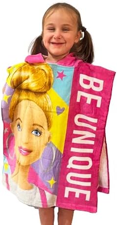 Barbie Poncho Officiel à Capuche | Super Doux au Toucher, Design Frais | Peignoir de Bain pour Filles Parfait pour la Maison, Le Bain et la Plage, Rose, 115 x 50 cm