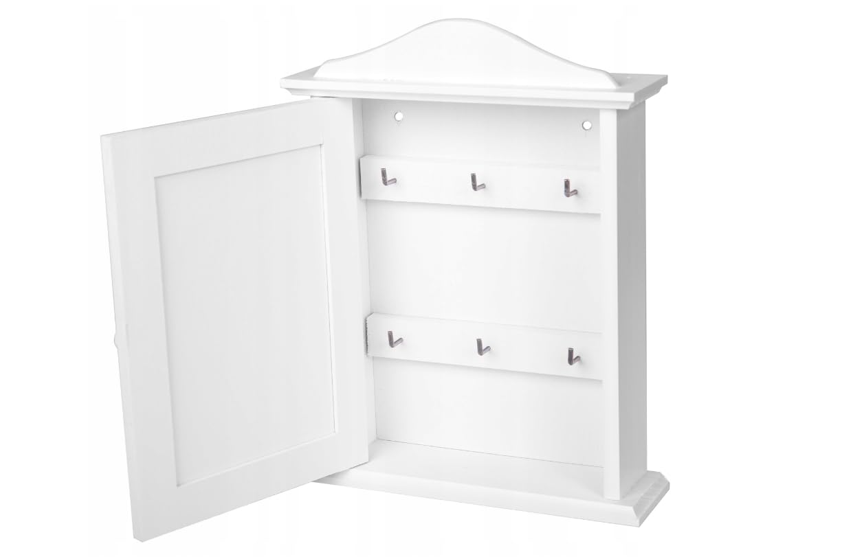 Wooden World - Wooden key cabinet with door and 6 hooks - WHITE
