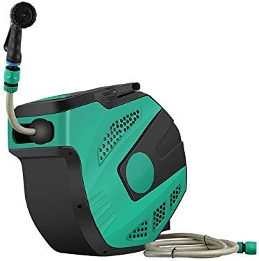 Automatic Retractable Garden Hose Reel, Wall Mount Auto Rewind, with 7 Function Spray Gun, 3 Layer Hybrid Hose, Any Length Lock, 180 Degree Pivot, Garden Watering, Car Washing
