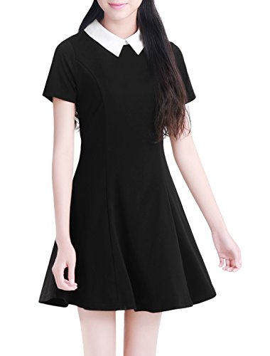 Allegra K Ladies Short Sleeves Contrast Collar Fit and Flare Dress XS to XL Black