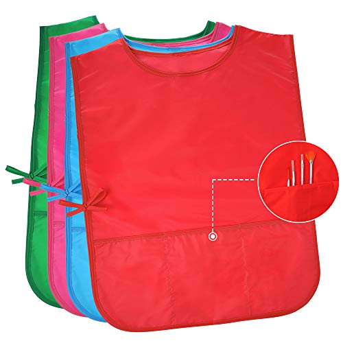 Pllieay 4Pcs 4 Colors Water Resistant Kids Art Smocks with 3 Pockets, Middle Size Children