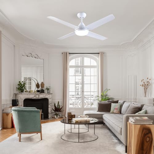 Newday 48" White Ceiling Fan with Light and Remote Control, Ceiling Fan with 4 Blade, Step-less Dimmer, 7 Speed Mode, Timer, Reversible Silent DC Motor for Living Room