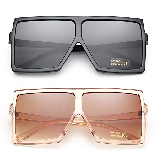 GRFISIA Square Oversized Sunglasses for Women Men Flat Top Fashion Shades (2PCS-Black-orange, 2.56)