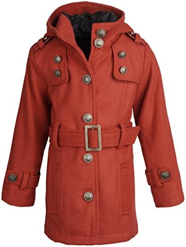 Shampoo Little Girls Hooded Dressy Wool Pea Coat with Metal Buttons and Buckle - Real Red (Size 4)