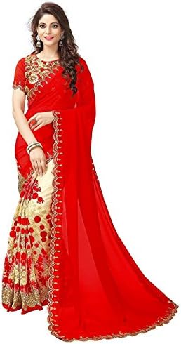 Netra Fashion Women's Georgette Net Saree with Blouse Piece (NFS1149_2018, Red, Free Size)