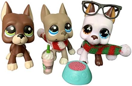 Emmas (Ship from US) lps Great Dane Dog 3pcs #184#1519#577 White Brown Puppy with Different Eyes Green Eyes with lps Accessories Collars Best Gift for Kids